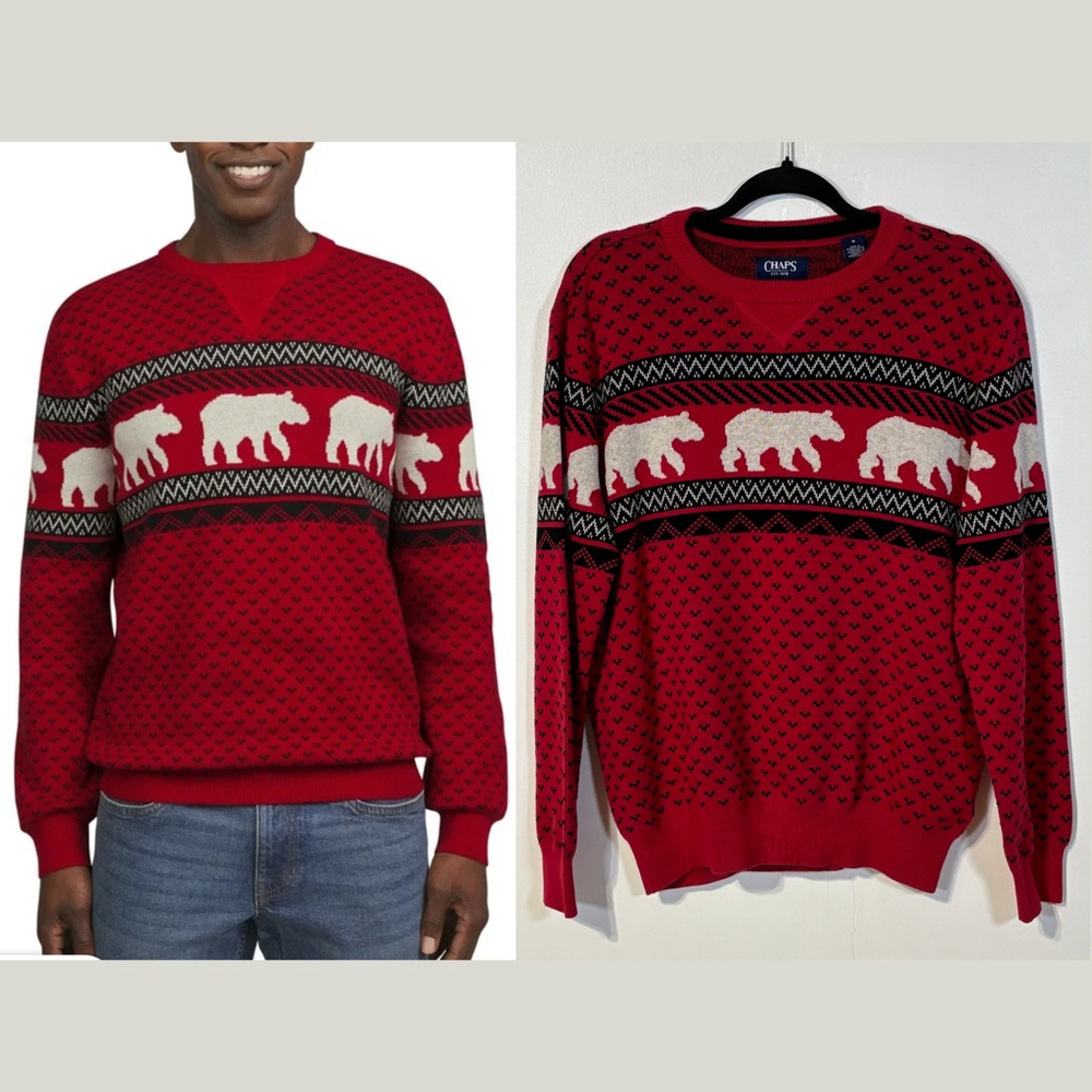 Chaps Sweater Red Black White Bear Print Men’s Medium Fair Isle Cotton